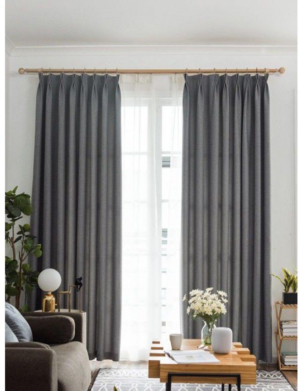 Curtains simple modern blackout bedroom living room perforated free grey cotton linen North Europe cloth net red