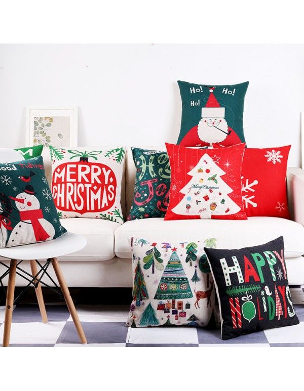 Amazon fabric home Christmas cotton linen pillow Santa printed pillow cover nap cushion