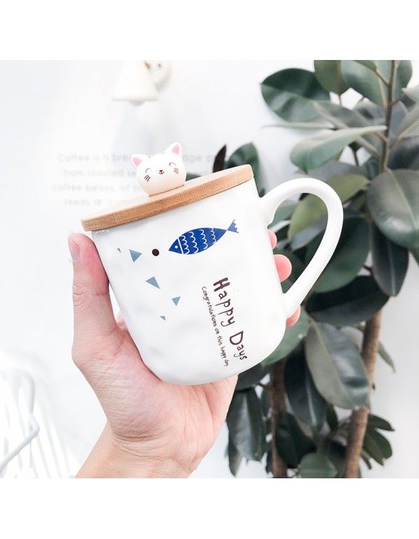 Cute cartoon frosted cat and fish wood covered ceramic cup creative mug with spoon Mug water cup for male and female students 