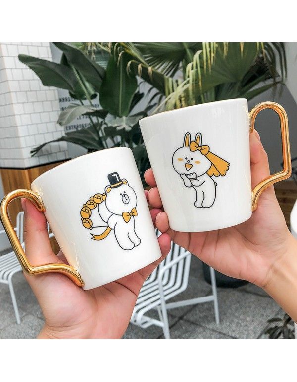 Light luxury rabbit brown bear couple ceramic cup small fresh gold coffee water cup wedding companion gift cup 