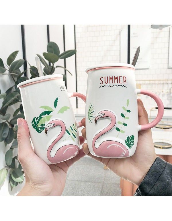 Relief Flamingo cartoon with lid spoon ceramic cup net red small fresh art water cup mug student cup 