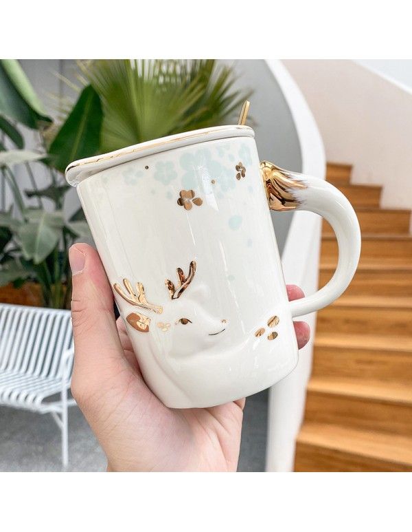 Nordic ins embossed deer gold painted ceramic cup cute little fresh art Mug water cup household cup 