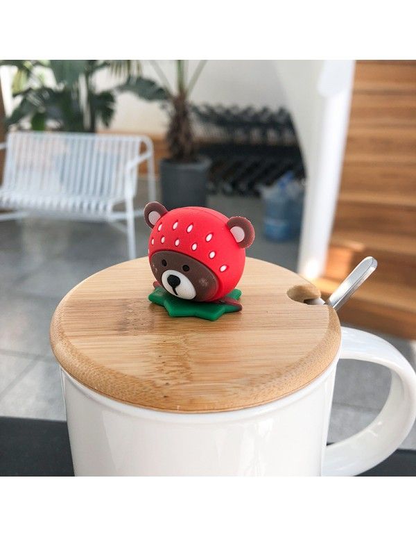 Cartoon creative strawberry bear doll head wood cover ceramic cup with spoon Mug cute little fresh student cup 