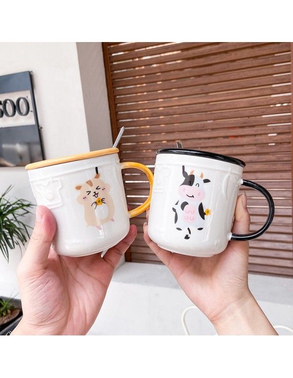 New Korean cartoon relief animal ceramic cup with lid spoon Chaozhou Mug small fresh office coffee cup 