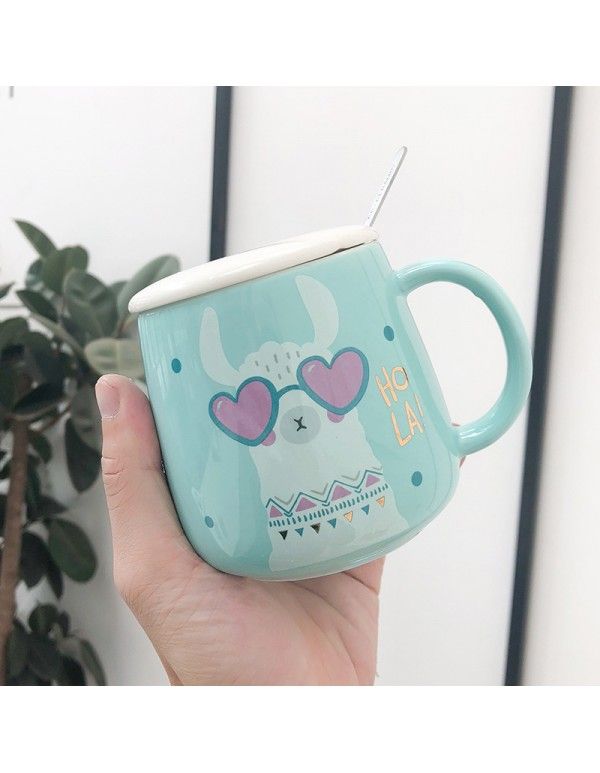 Lovely cartoon Alpaca big belly ceramic cup with lid spoon Harajuku small fresh water cup for men and women lovers milk cup 