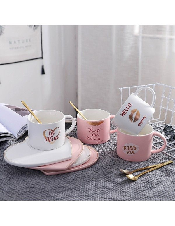 Korean matte gold painted peach heart ceramic cup love tray couple coffee cup with spoon creative Mug water cup 
