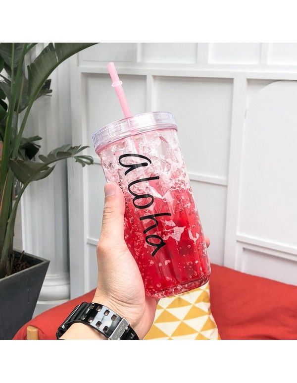 Letters English gradients ice cup Korean Trend male and female student couple straw water cup plastic cup handy 
