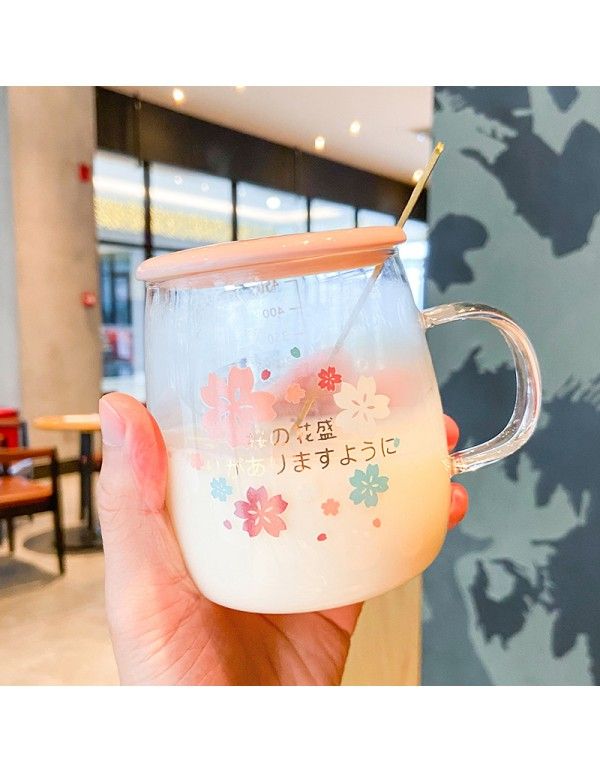 Korea pink flower ceramic cover glass lovely handle with spoon juice cup business office flower tea cup 