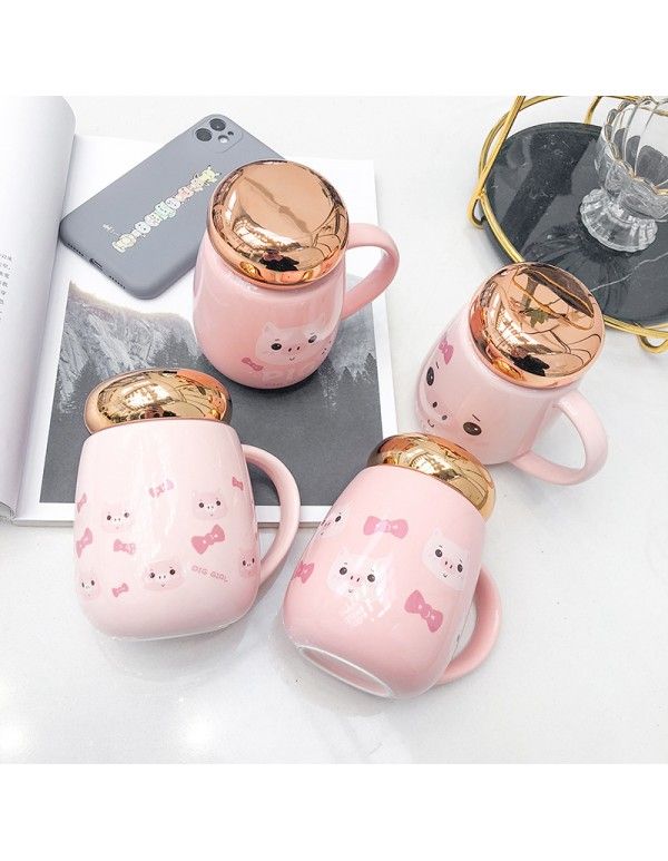 Korean cartoon cute pig ceramic cup mirror cover thermal insulation Mug water cup business office student cup 
