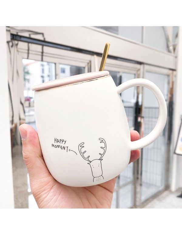 New cute cartoon frosted ceramic mug with lid and spoon creative mug for business students 