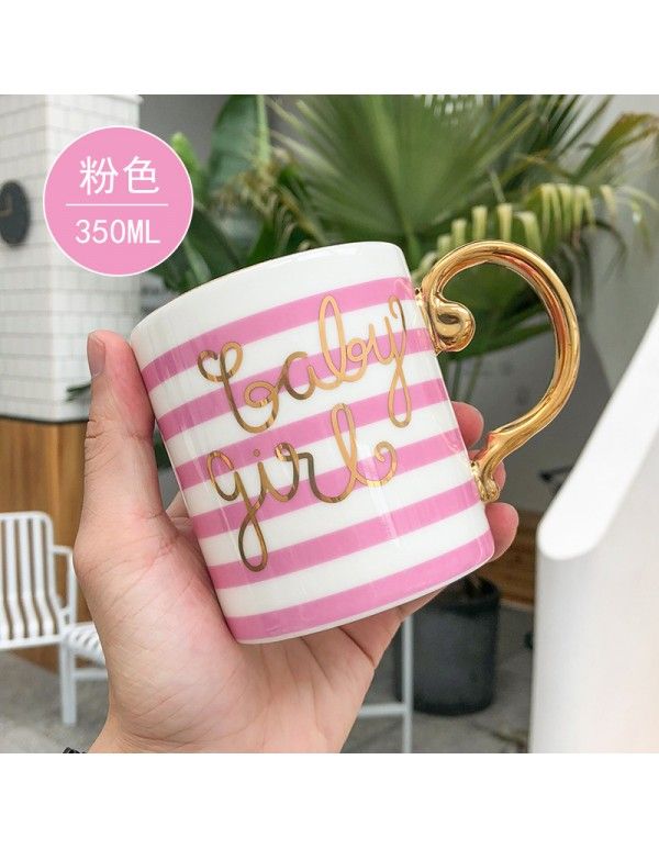 Korean version of lovely stripe painted gold ceramic cup yuansuo net red lovers water cup hotel wedding companion hand gift fresh cup 