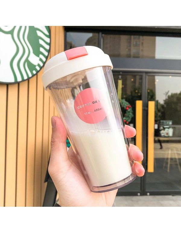 Korean Trend double plastic flap straw cup art small fresh coffee cup outdoor sports juice cup 