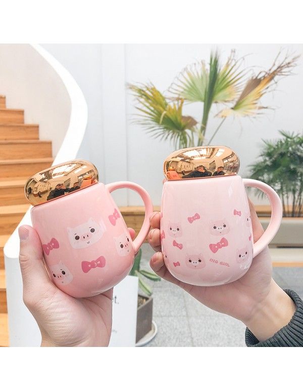 Korean cartoon cute pig ceramic cup mirror cover thermal insulation Mug water cup business office student cup 