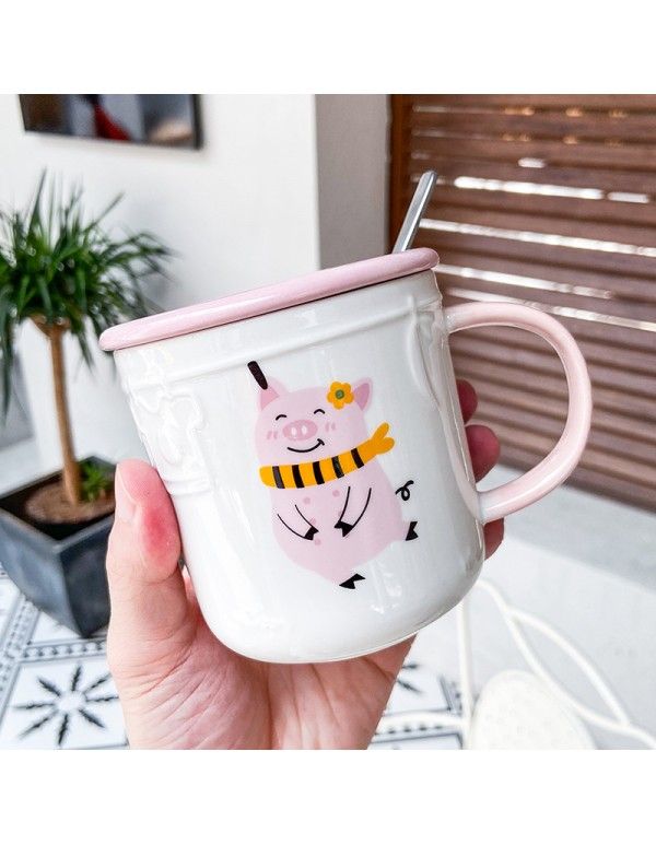 New Korean cartoon relief animal ceramic cup with lid spoon Chaozhou Mug small fresh office coffee cup 
