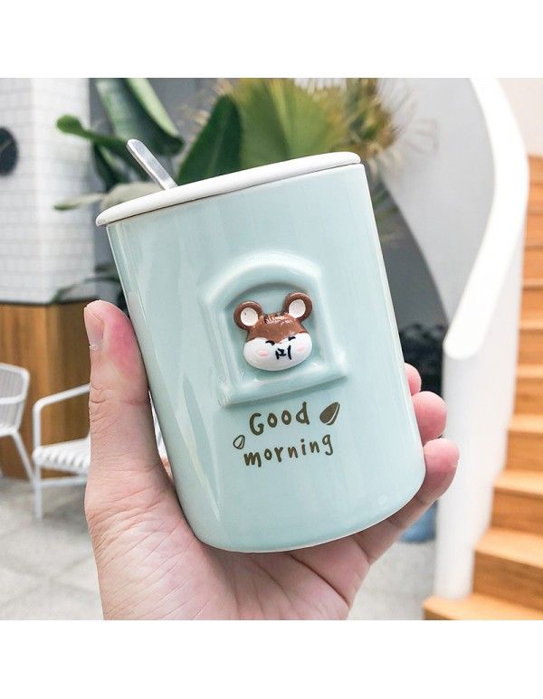 Cartoon relief hamster ceramic cup cute creativity with lid and spoon Mug business office student water cup 