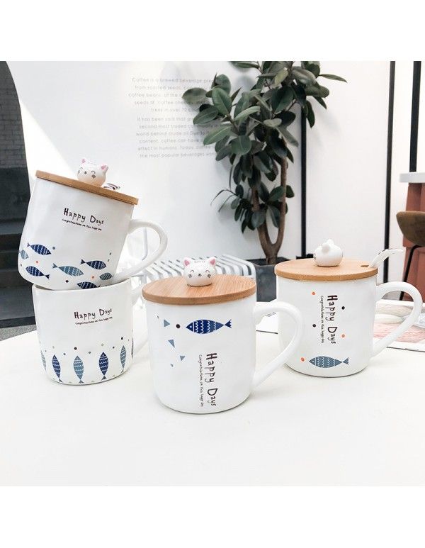 Cute cartoon frosted cat and fish wood covered ceramic cup creative mug with spoon Mug water cup for male and female students 