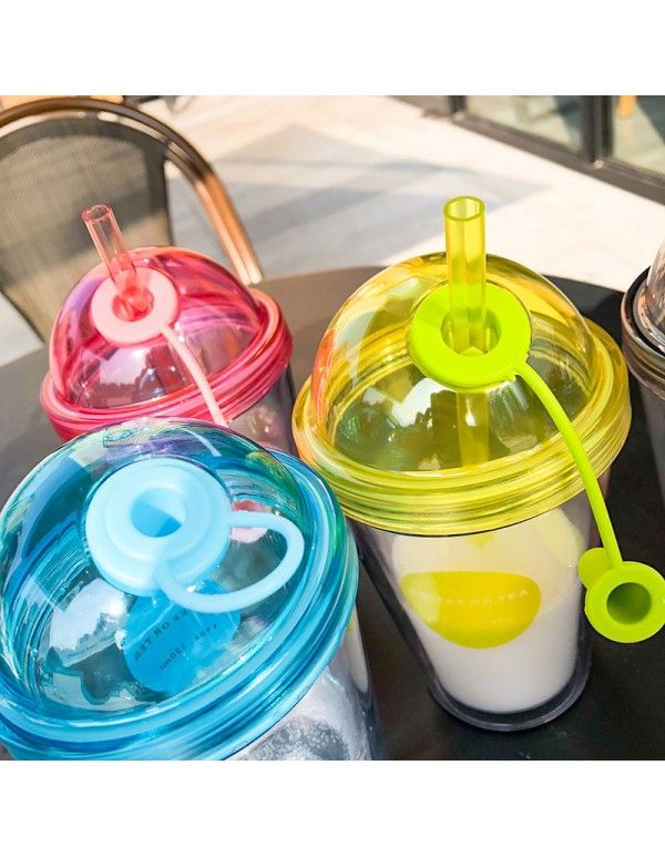 Large capacity double layer transparent plastic straw cup coffee cup creative art fresh simple milk tea juice cup 