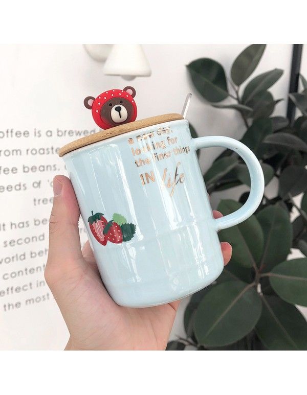 Cartoon creative strawberry bear doll head wood cover ceramic cup with spoon Mug cute little fresh student cup 