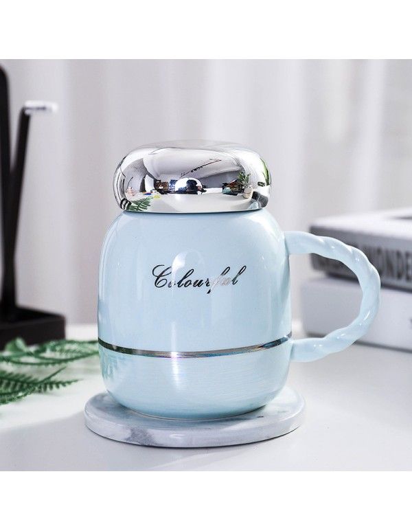 Korean lovely big belly ceramic cup mirror cover creative Mug water cup office business tea cup 
