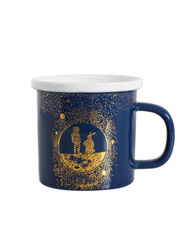 Dark blue relief star gold ceramic cup western restaurant coffee water cup light luxury Mug male and female student cup 
