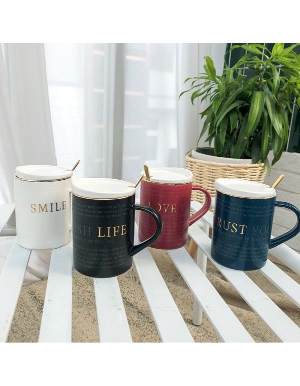Nordic ins letter relief ceramic cup Zakka literature and art small fresh with lid spoon Mug Student Creative Cup 