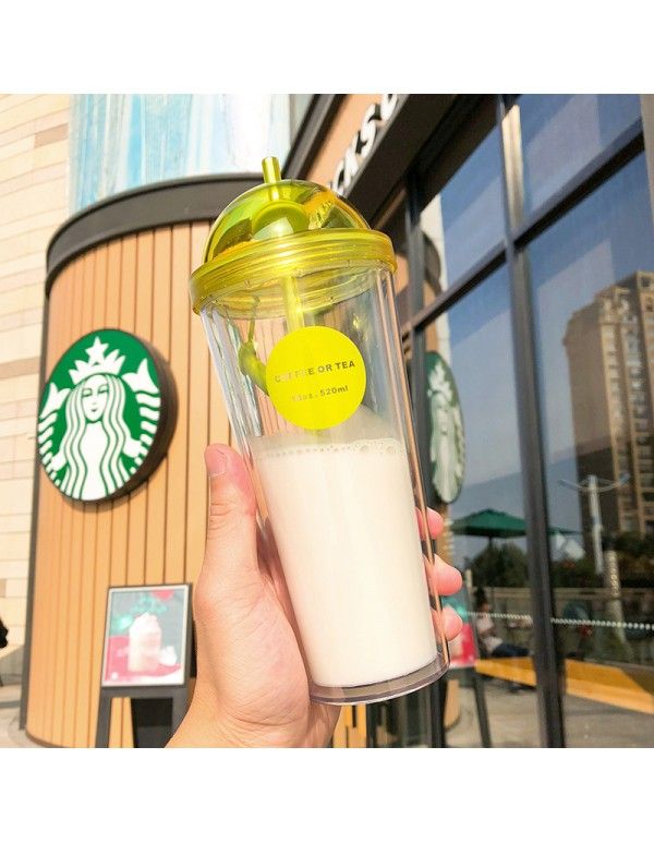 Large capacity double layer transparent plastic straw cup coffee cup creative art fresh simple milk tea juice cup 