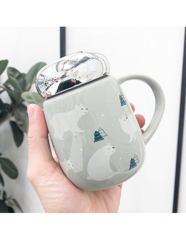 Nordic ins polar bear mirror cover ceramic cup art small fresh lovely color glaze Mug office Cup 