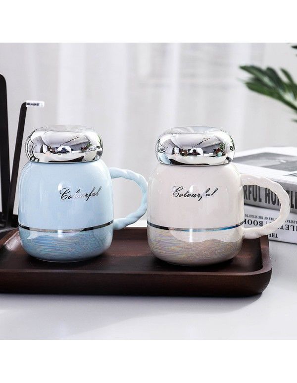 Korean lovely big belly ceramic cup mirror cover creative Mug water cup office business tea cup 