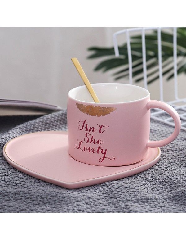 Korean matte gold painted peach heart ceramic cup love tray couple coffee cup with spoon creative Mug water cup 