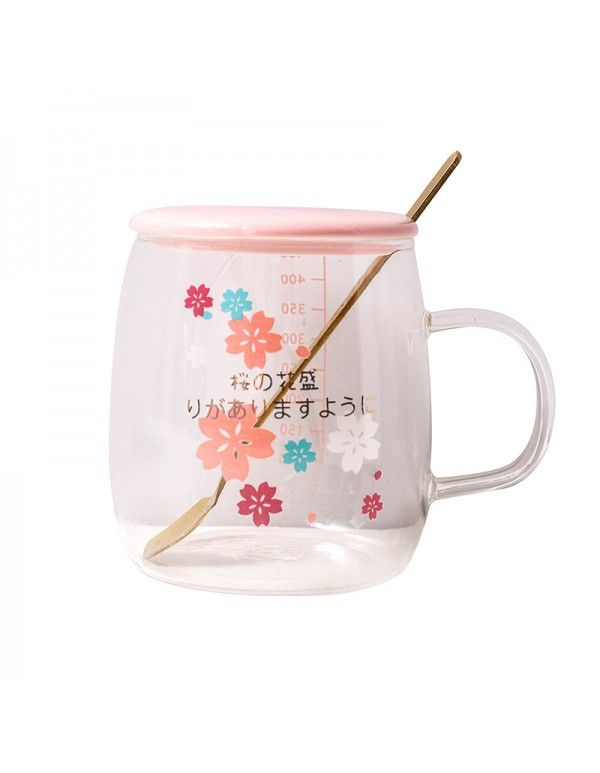 Korea pink flower ceramic cover glass lovely handle with spoon juice cup business office flower tea cup 