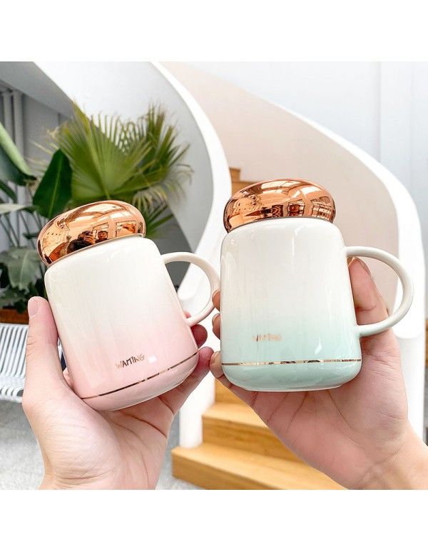 Light luxury gradual mirror cover thermal insulation ceramic cup net red ins business tea flower tea water cup student gift cup 