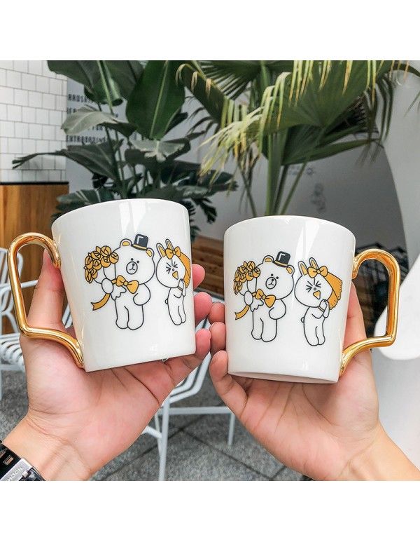 Light luxury rabbit brown bear couple ceramic cup small fresh gold coffee water cup wedding companion gift cup 