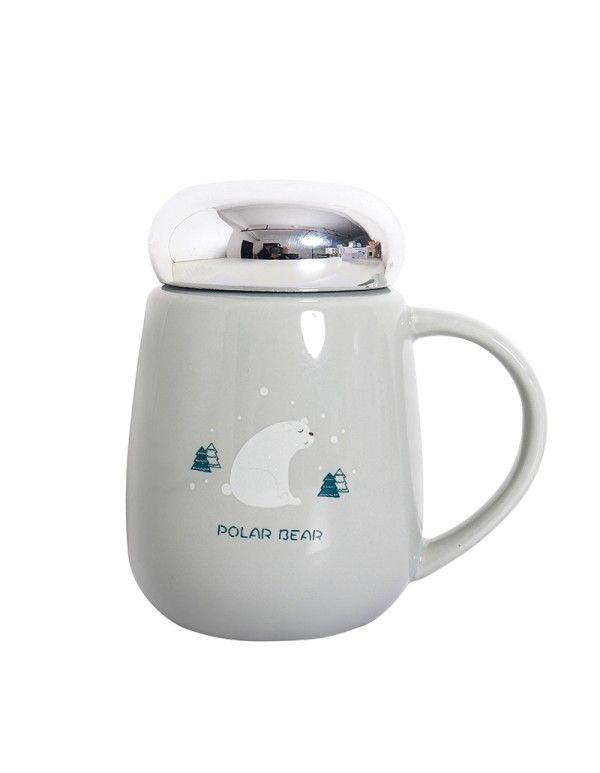 Nordic ins polar bear mirror cover ceramic cup art small fresh lovely color glaze Mug office Cup 