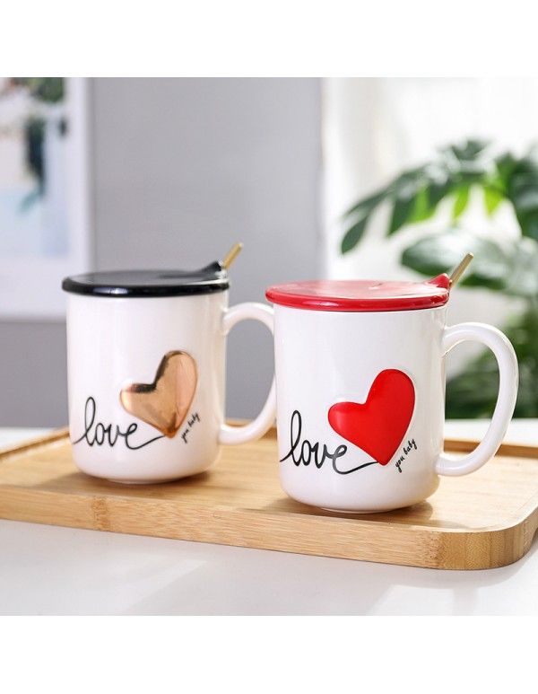 Creative peach heart gold drawing ceramic cup with cover and spoon for male and female students couple cup Chaozhou Mug water cup 
