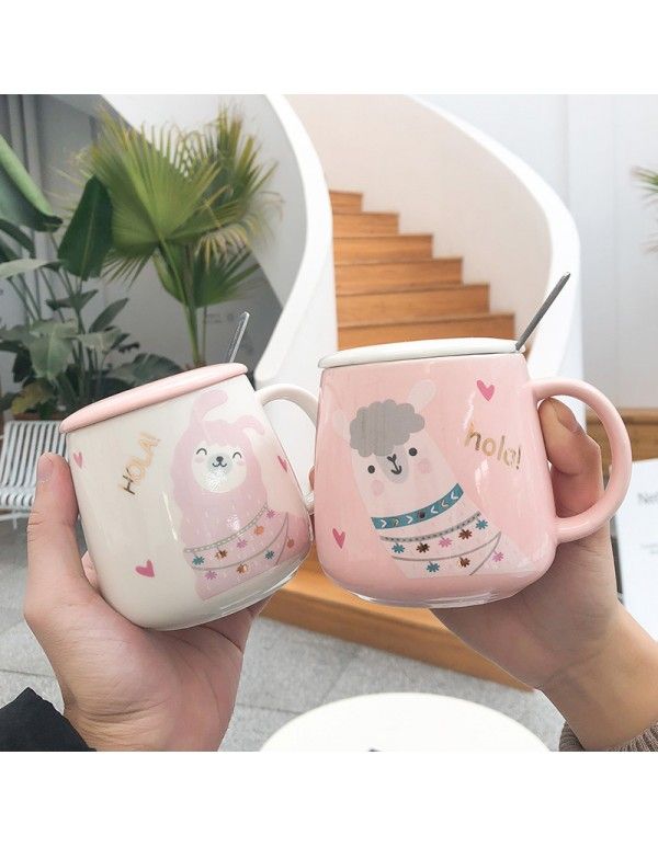 Lovely cartoon Alpaca big belly ceramic cup with lid spoon Harajuku small fresh water cup for men and women lovers milk cup 