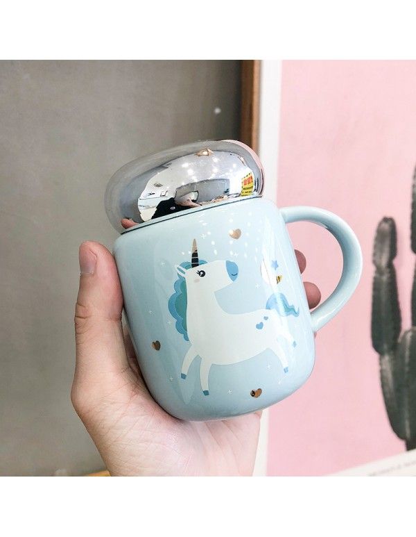 Mirror cover sealed small ceramic cup Korean Version cute Unicorn water cup with lid handle Mug student cup 