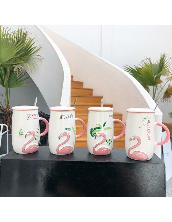 Relief Flamingo cartoon with lid spoon ceramic cup net red small fresh art water cup mug student cup 