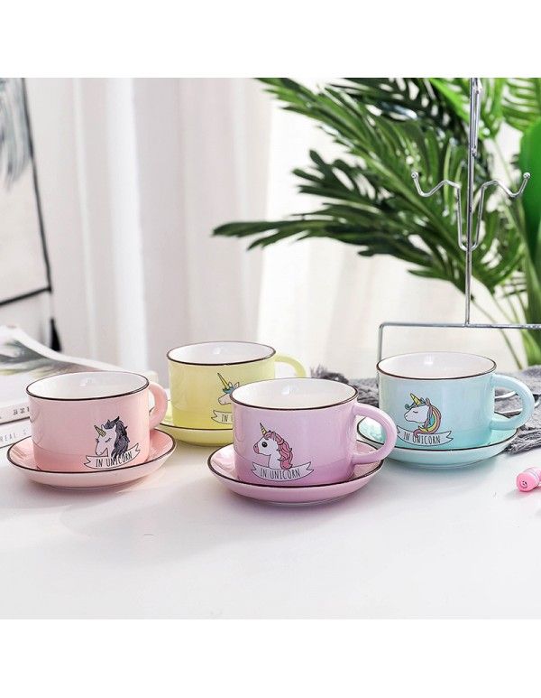 With cup holder, 4 cups, 4 plates, suit, coffee cup, unicorn cartoon, ceramic water cup, household gift, creative business cup 