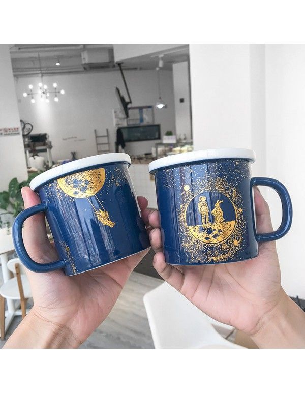 Dark blue relief star gold ceramic cup western restaurant coffee water cup light luxury Mug male and female student cup 