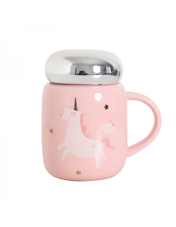 Mirror cover sealed small ceramic cup Korean Version cute Unicorn water cup with lid handle Mug student cup 